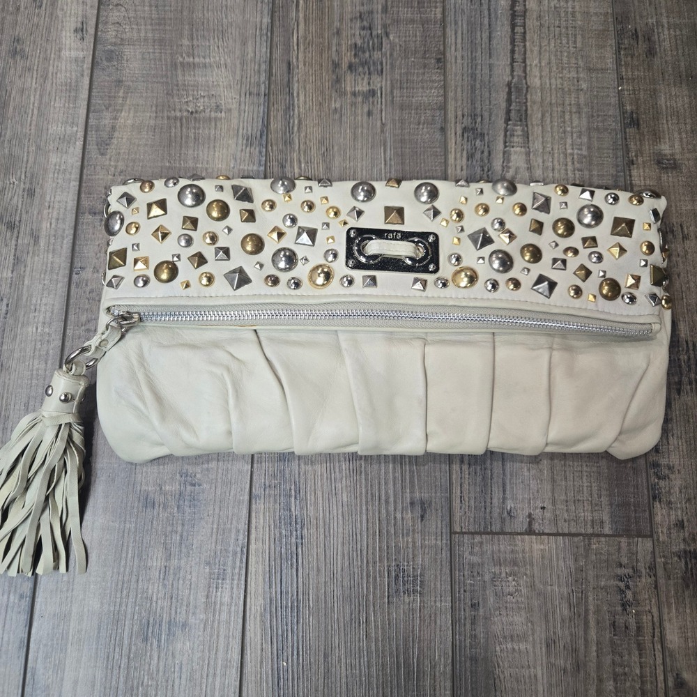 Rafe New York Cream Leather Studded Foldover Clutch Bag Tassel Y2K Rockabilly